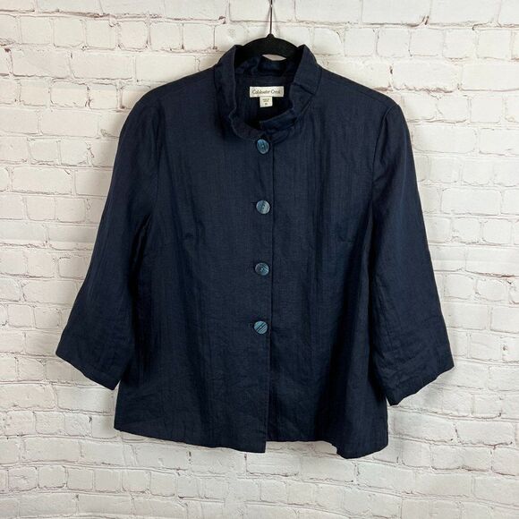 COLDWATER CREEK blue linen lined button down jacket blazer top blouse size 10 - Picture 1 of 7